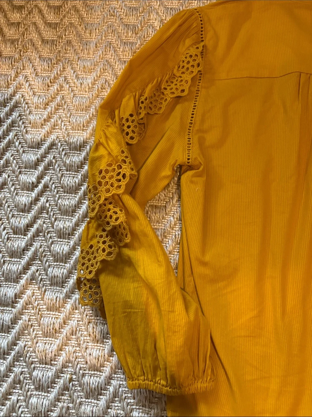 J Crew Women’s Mustard Yellow Eyelet Blouse - Lightweight Long Sleeve